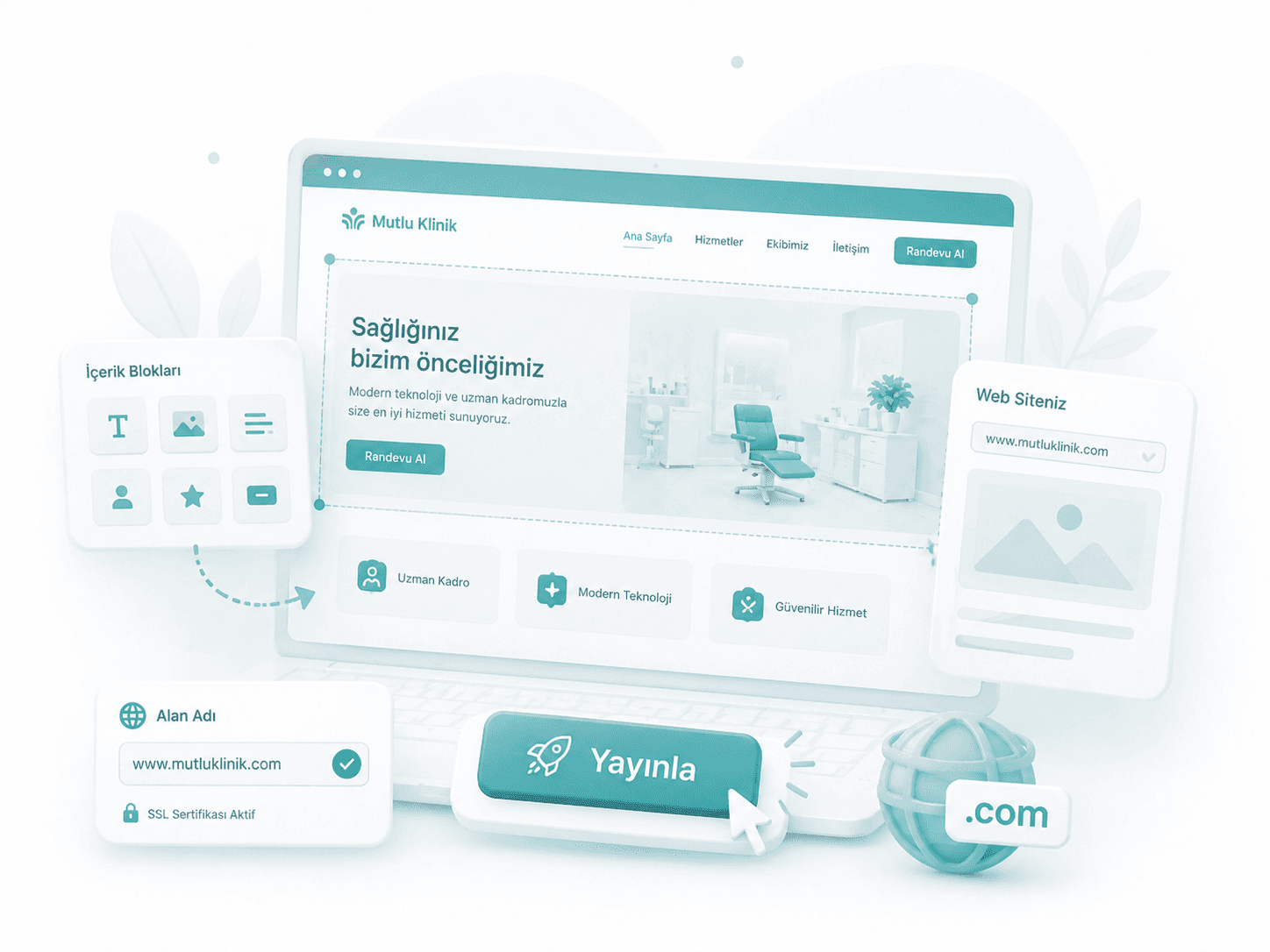 Hazır temayla yayınlanan klinik web sitesi: içerik blokları, kendi alan adı ve tek tıkla yayınlama.
